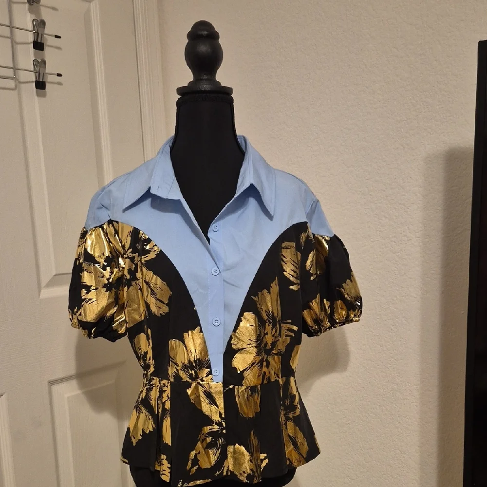 SHEIN Blue and Gold Floral Blouse - Picture 1 of 6